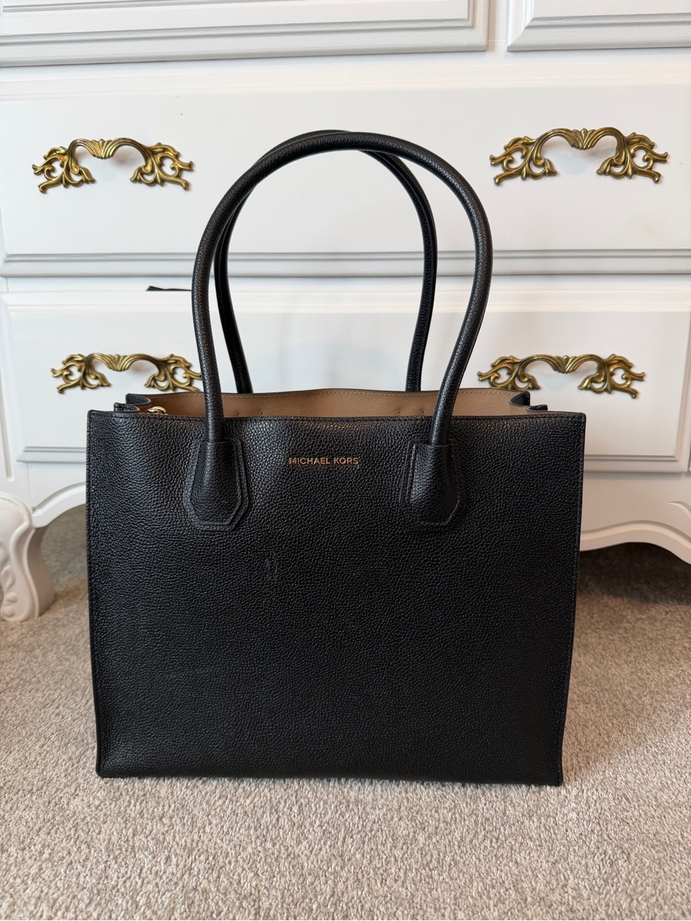 Large Michael Kors Black Pebbled Leather Tote with Gold Logo